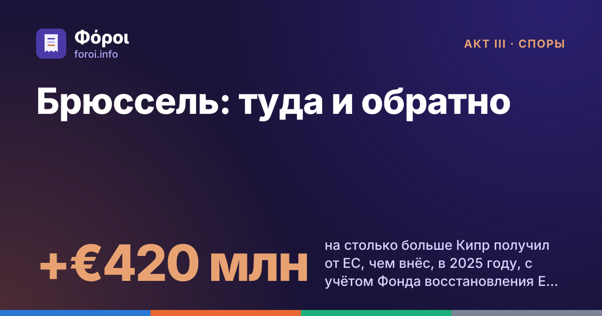 Foroi: Брюссель: туда и обратно. +€420 млн на столько больше Кипр получил от ЕС, чем внёс, в 2025 году, с учётом Фонда восстановления ЕС. Это около €420 на каждого жителя.