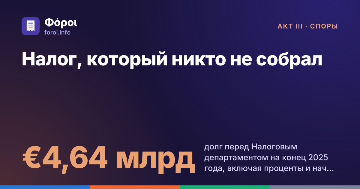 Foroi: Налог, который никто не собрал. €4,64 млрд долг перед Налоговым департаментом на конец 2025 года, включая проценты и начисления. За весь год департамент собрал €8,07 млрд.