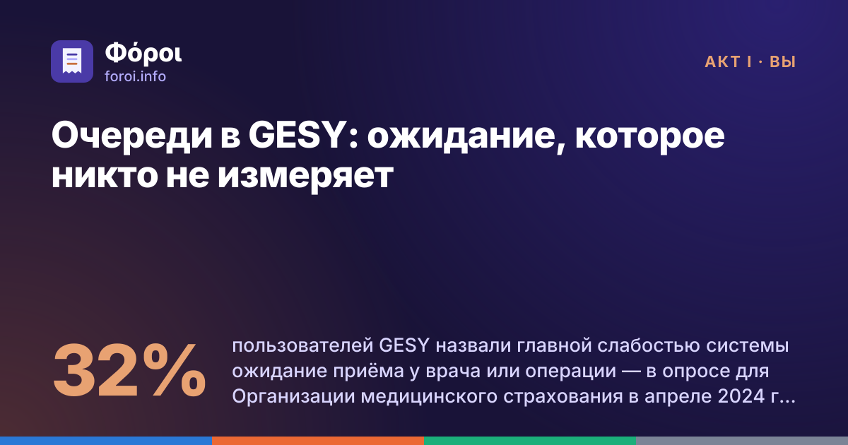 Foroi: Очереди в GESY: ожидание, которое никто не измеряет. 32% пользователей GESY назвали главной слабостью системы ожидание приёма у врача или операции — в опросе для Организации медицинского страхования в апреле 2024 года. Сколько ждут люди, не публикует ни один официальный орган.