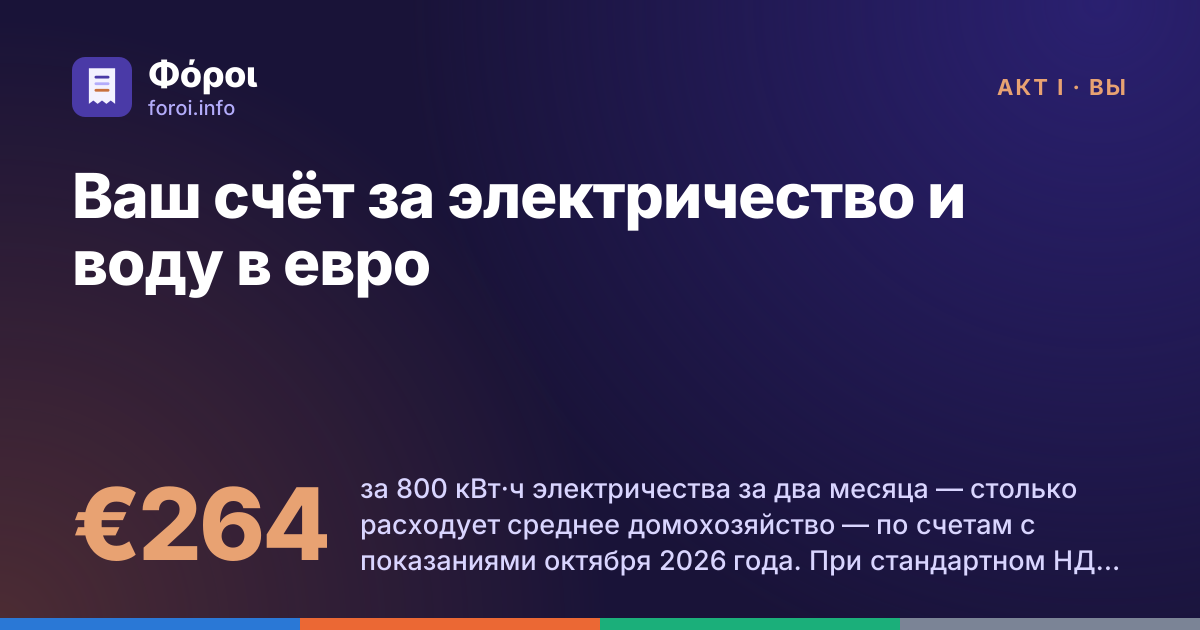 Foroi: Ваш счёт за электричество и воду в евро. €264 за 800 кВт·ч электричества за два месяца — столько расходует среднее домохозяйство — по счетам с показаниями октября 2026 года. При стандартном НДС 19% тот же счёт составил бы €299.