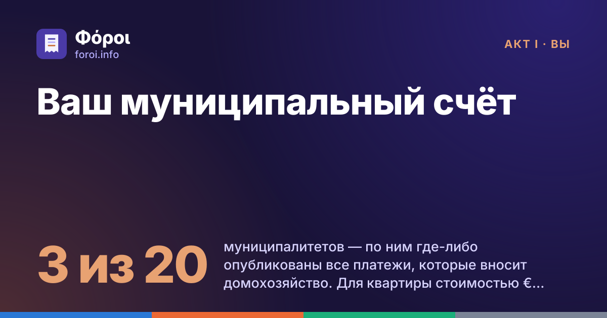 Foroi: Ваш муниципальный счёт. 3 из 20 муниципалитетов — по ним где-либо опубликованы все платежи, которые вносит домохозяйство. Для квартиры стоимостью €200 000, которая расходует 120 кубических метров воды в год, счета составляют €568, €618 и €623.